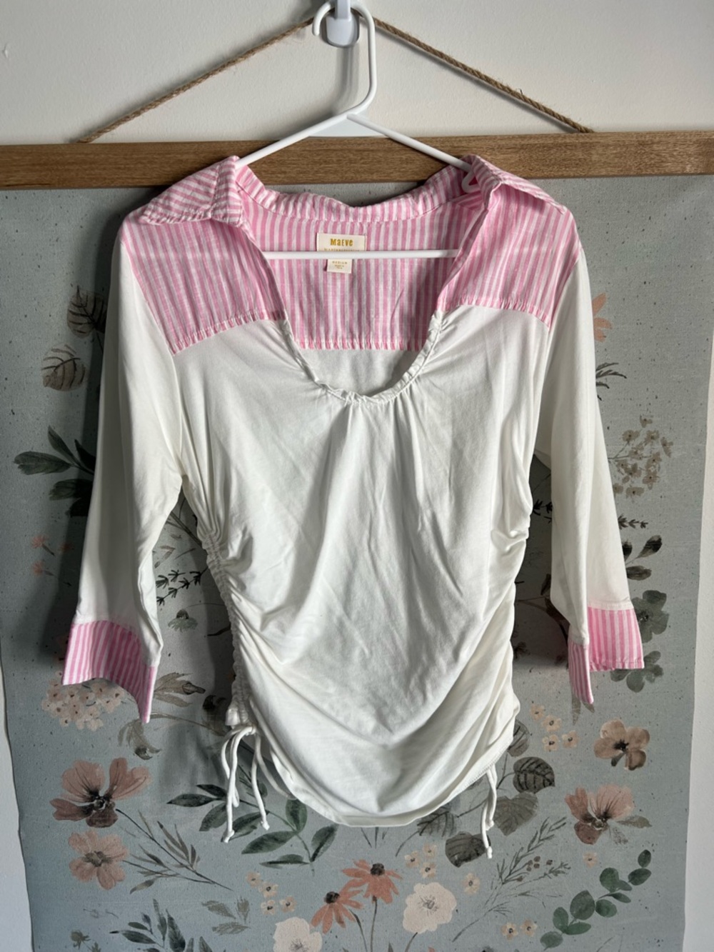 Anthropologie White and Pink Striped Yoke Drawstring Top